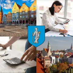 Kolaż: Rynek w Olsztynie, herb miasta, kobieta z kalkulatorem i laptopem, widok na miasto.