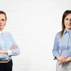 Dwie kobiety w koszulach na tle białej cegły.