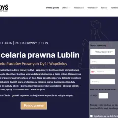 Logo kancelarii prawnej Dyś i Wspólnicy na tle granatowej strony internetowej.