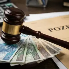 Młotek sędziowski na banknotach i dokumentach z napisem "POZEW". Zastanawiasz się, ile kosztuje złożenie apelacji w sądzie?