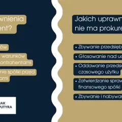 Prokurent co to? Lista uprawnień prokurenta: zawieranie umów, negocjacje, reprezentacja spółki. Brak uprawnień: zbywanie przedsiębiorstwa, głosowanie nad uchwałami.