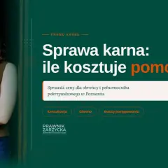 Kobieta w zielonej kamizelce i apaszce, obok tekst o sprawach karnych i kosztach pomocy prawnej.