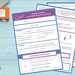 Wzór umowy o przeniesienie praw autorskich. Dokument zawiera sekcje dotyczące stron umowy, wykonania dzieła i najważniejszych ustaleń.
