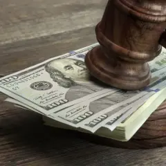 Młotek sędziowski na stosie banknotów dolarowych. Zastanawiasz się, ile bierze adwokat za sprawę o odszkodowanie?