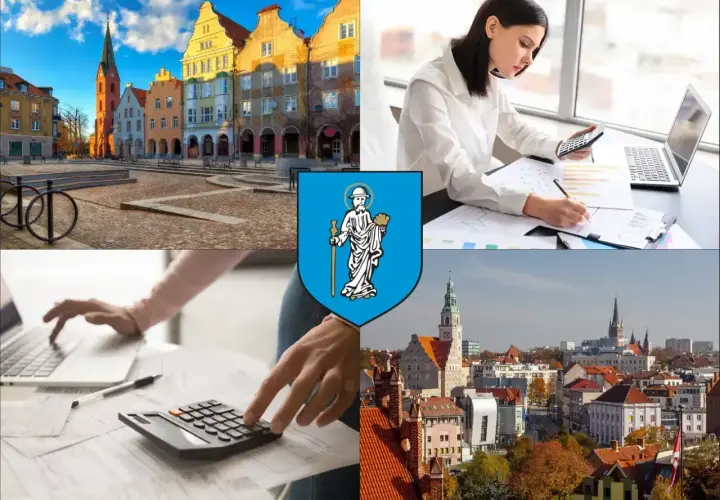Kolaż: Rynek w Olsztynie, herb miasta, kobieta z kalkulatorem i laptopem, widok na miasto.