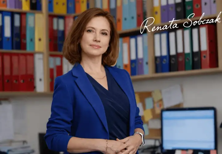 Kobieta w niebieskiej marynarce stoi przed regałami z kolorowymi segregatorami.