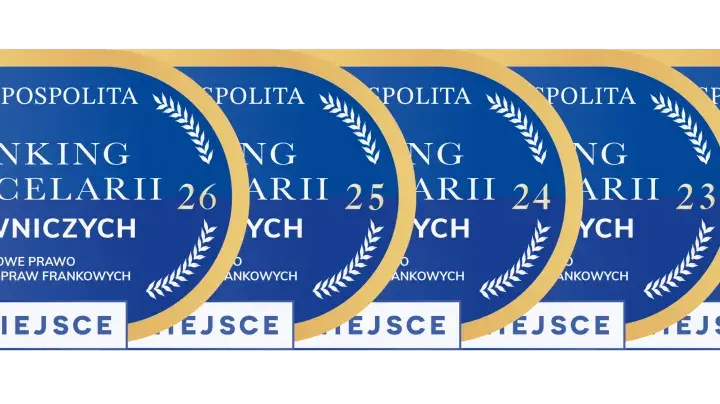 Grafika przedstawia pięć owalnych plakietek z napisem "Ranking Kancelarii Prawniczych" i numerami od 20 do 26.