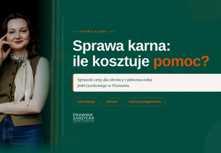 Kobieta w zielonej kamizelce i apaszce, obok tekst o sprawach karnych i kosztach pomocy prawnej.
