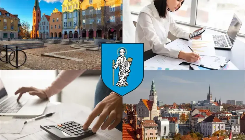 Kolaż: Rynek w Olsztynie, herb miasta, kobieta z kalkulatorem i laptopem, widok na miasto.