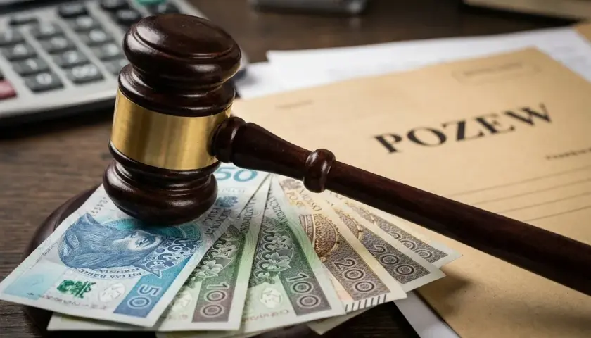 Młotek sędziowski na banknotach i dokumentach z napisem "POZEW". Zastanawiasz się, ile kosztuje złożenie apelacji w sądzie?
