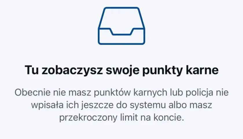 Tu zobaczysz swoje punkty karne. Obecnie nie masz punktów karnych lub policja nie wpisała ich jeszcze do systemu.