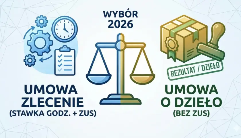 Wybór 2026: umowa zlecenie (stawka godz. + ZUS) vs umowa o dzieło (bez ZUS). Podatek od umów o dzieło.