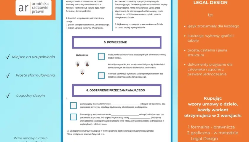 Wzór umowy o dzieło między osobami fizycznymi, z elementami Legal Design. Zawiera sekcje dotyczące powierzenia wykonania, odstąpienia od umowy i płatności.