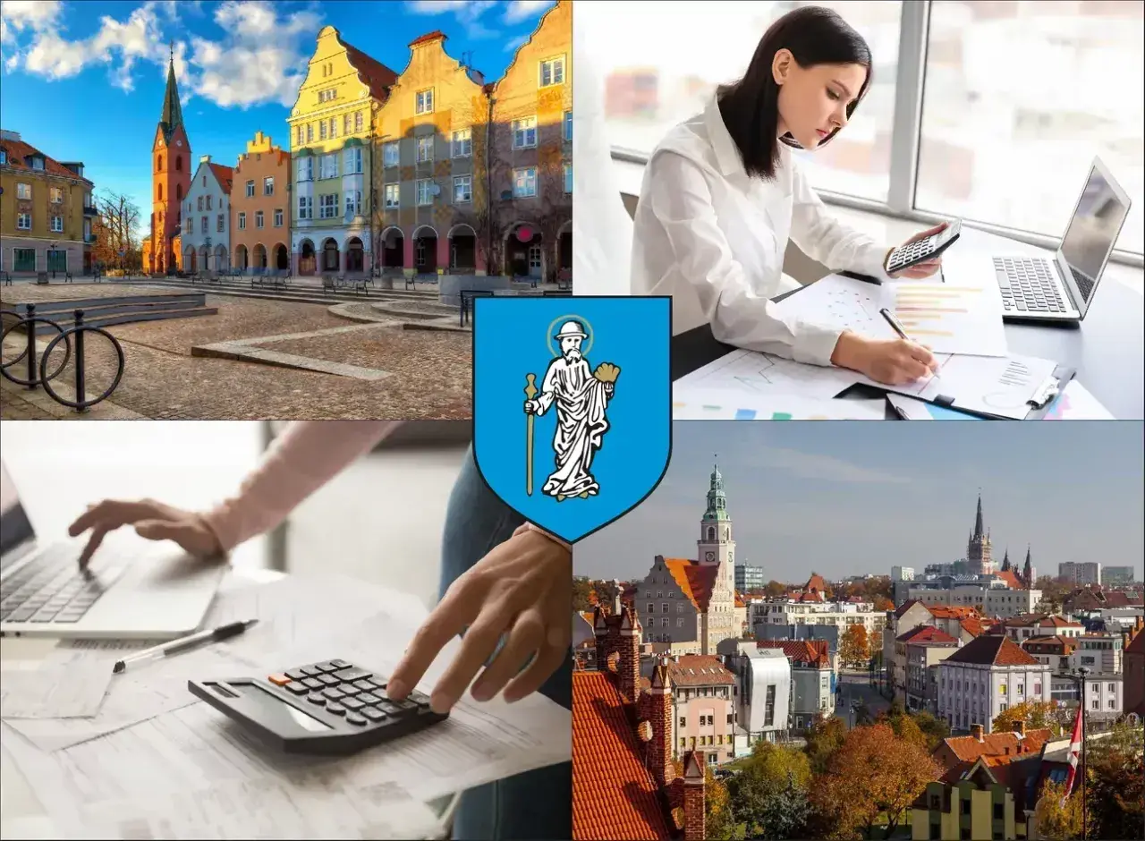 Kolaż: Rynek w Olsztynie, herb miasta, kobieta z kalkulatorem i laptopem, widok na miasto.