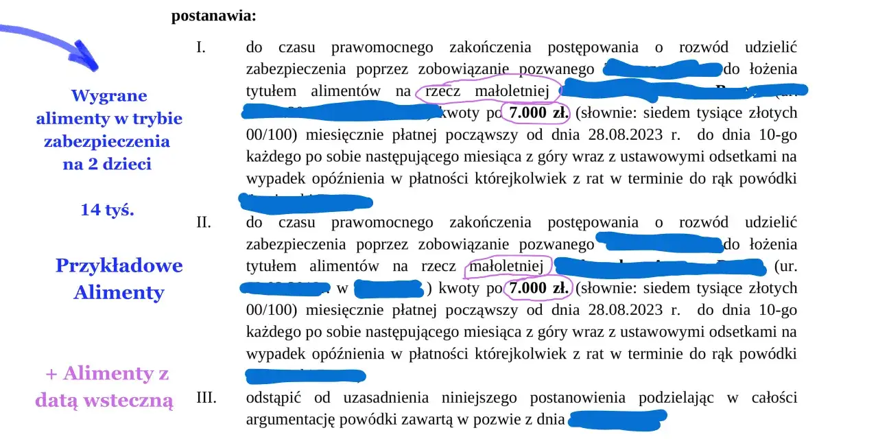 Wygrane alimenty w trybie zabezpieczenia na 2 dzieci: 7.000 zł miesięcznie. Adwokat za sprawę o podwyższenie alimentów bierze w zależności od jej skomplikowania.