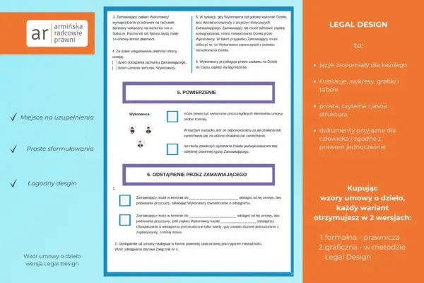 Wzór umowy o dzieło między osobami fizycznymi, z elementami Legal Design. Zawiera sekcje dotyczące powierzenia wykonania, odstąpienia od umowy i płatności.
